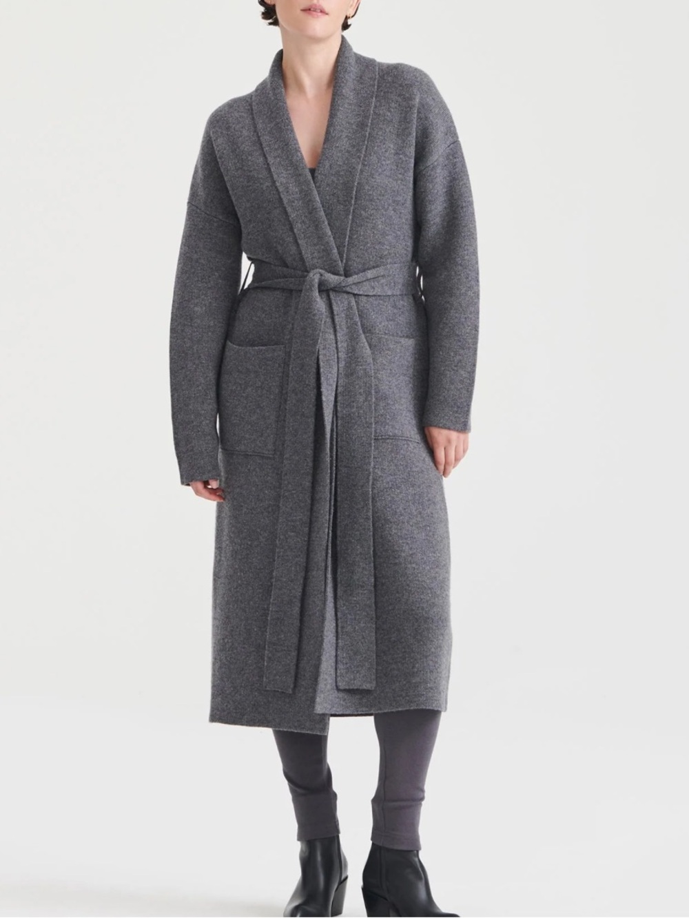 Luxe Merino Cashmere Tie Waist Coat Granite Gray Size Medium